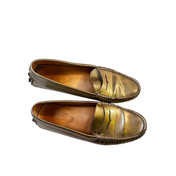 Tod's Metallic City Gommino Leather Penny Loafers Size 37.5 US 7 Gold - Picture 2 of 5